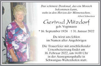 Traueranzeige von Gertrud Mitzdorf von Allgäuer Zeitung, Füssen