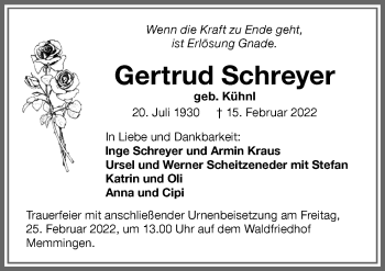 Traueranzeige von Gertrud Schreyer von Memminger Zeitung