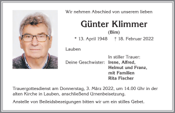 Traueranzeige von Günter Klimmer von Allgäuer Zeitung,Kempten