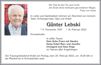 Traueranzeige von Günter Lebski von Allgäuer Zeitung,Kempten