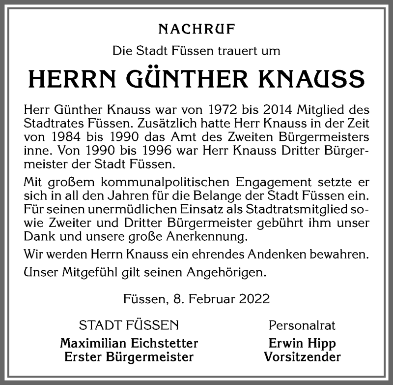  Traueranzeige für Günther Knauss vom 09.02.2022 aus Allgäuer Zeitung, Füssen