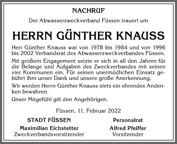 Traueranzeige von Günther Knauss von Allgäuer Zeitung, Füssen