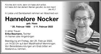 Traueranzeige von Hannelore Nocker von Memminger Zeitung
