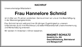 Traueranzeige von Hannelore Schmid von Memminger Zeitung