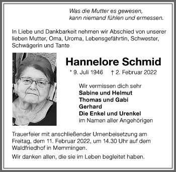 Traueranzeige von Hannelore Schmid von Memminger Zeitung