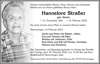 Traueranzeige von Hannelore Straßer von Memminger Zeitung