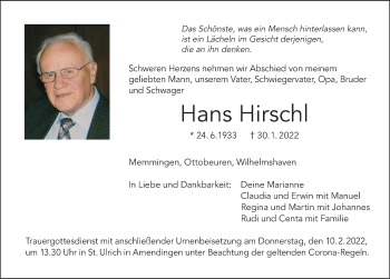 Traueranzeige von Hans Hirschl von Memminger Zeitung