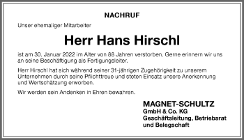 Traueranzeige von Hans Hirschl von Memminger Zeitung