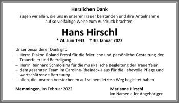 Traueranzeige von Hans Hirschl von Memminger Zeitung