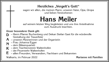 Traueranzeige von Hans Meiler von Allgäuer Zeitung,Kempten