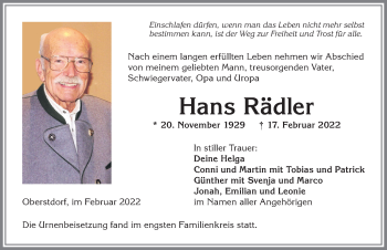 Traueranzeige von Hans Rädler von Allgäuer Anzeigeblatt