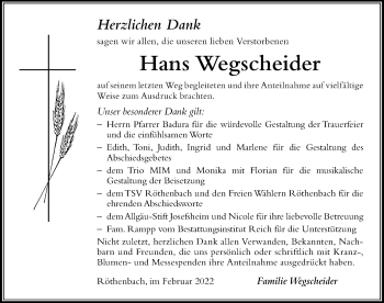 Traueranzeige von Hans Wegscheider von Der Westallgäuer