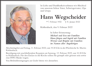 Traueranzeige von Hans Wegscheider von Der Westallgäuer