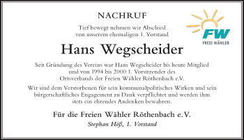 Traueranzeige von Hans Wegscheider von Der Westallgäuer