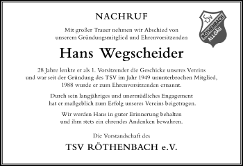 Traueranzeige von Hans Wegscheider von Der Westallgäuer