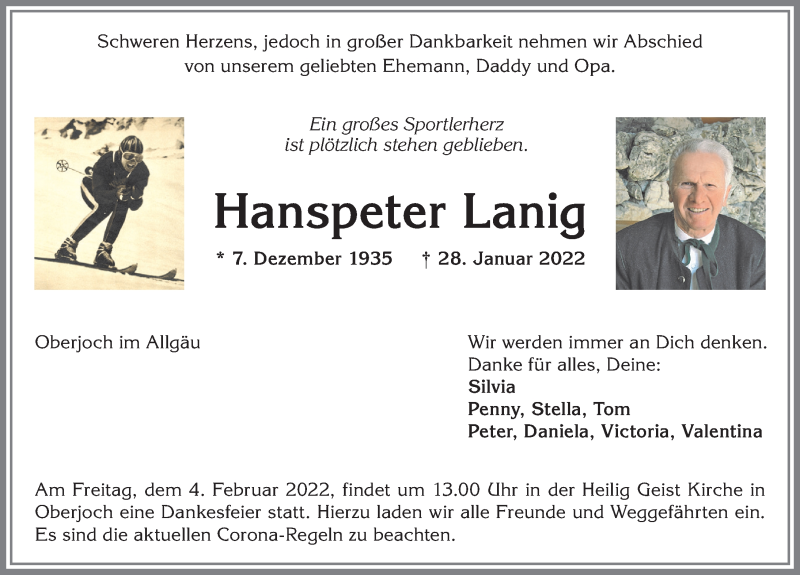  Traueranzeige für Hanspeter Lanig vom 01.02.2022 aus Allgäuer Zeitung, Füssen