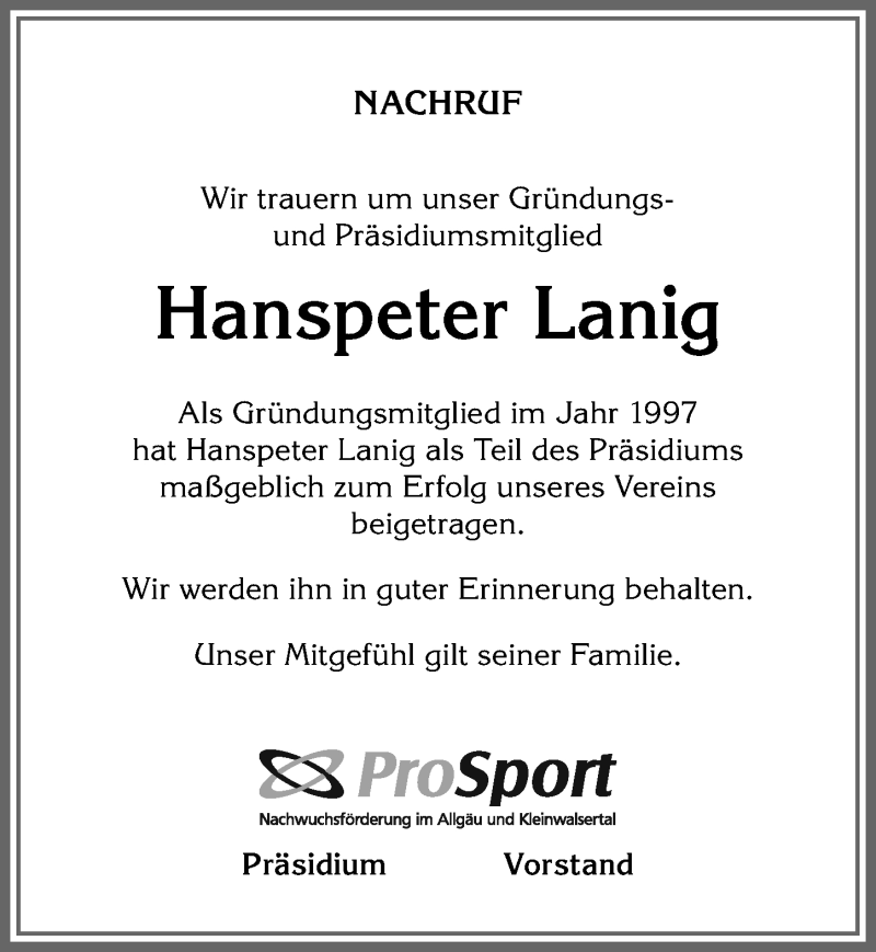  Traueranzeige für Hanspeter Lanig vom 04.02.2022 aus Allgäuer Anzeigeblatt