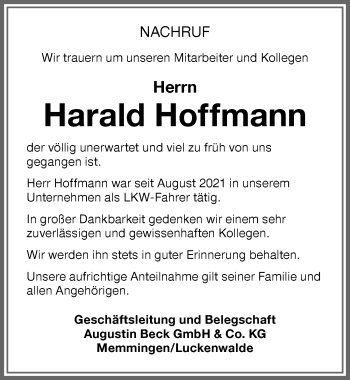 Traueranzeige von Harald Hoffmann von Memminger Zeitung