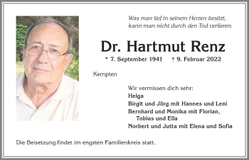 Traueranzeige von Dr. Hartmut Renz von Allgäuer Zeitung,Kempten
