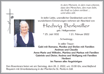 Traueranzeige von Hedwig Berkmiller von Allgäuer Zeitung, Füssen