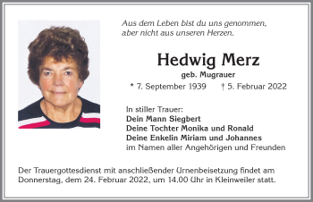 Traueranzeige von Hedwig Merz von Allgäuer Zeitung,Kempten