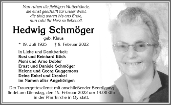 Traueranzeige von Hedwig Schmöger von Allgäuer Zeitung,Kempten