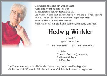 Traueranzeige von Hedwig Winkler von Memminger Zeitung