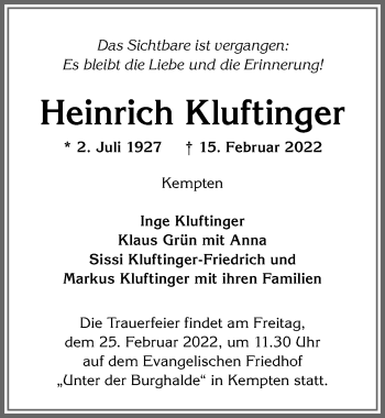 Traueranzeige von Heinrich Kluftinger von Allgäuer Zeitung,Kempten