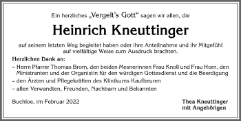 Traueranzeige von Heinrich Kneuttinger von Allgäuer Zeitung, Kaufbeuren/Buchloe