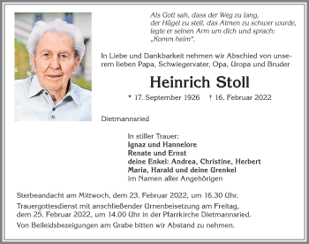 Traueranzeige von Heinrich Stoll von Allgäuer Zeitung,Kempten