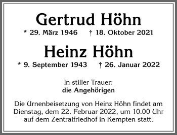 Traueranzeige von Heinz Höhn von Allgäuer Zeitung,Kempten