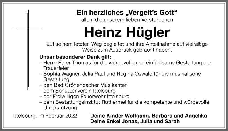  Traueranzeige für Heinz Hügler vom 16.02.2022 aus Memminger Zeitung