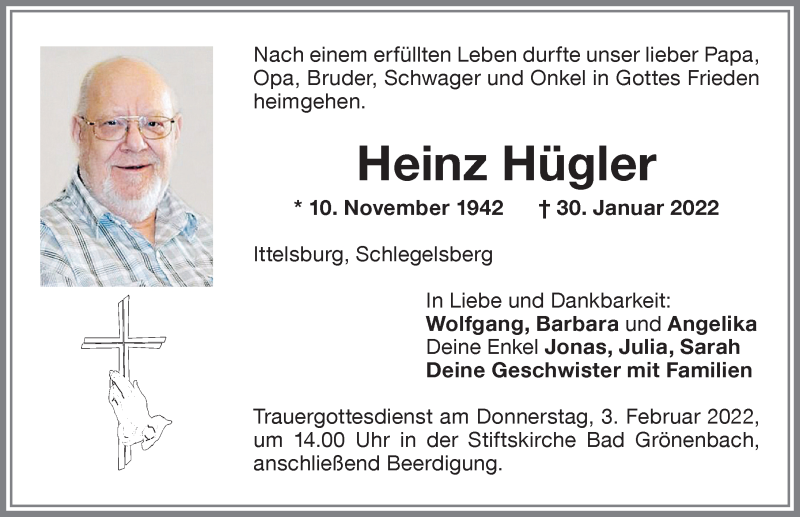  Traueranzeige für Heinz Hügler vom 01.02.2022 aus Memminger Zeitung