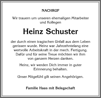 Traueranzeige von Heinz Schuster von Allgäuer Anzeigeblatt
