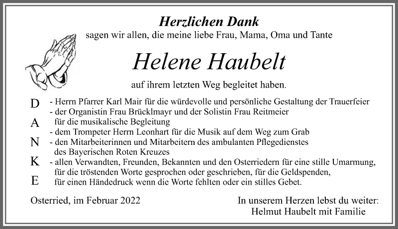  Traueranzeige für Helene Haubelt vom 15.02.2022 aus Allgäuer Zeitung, Marktoberdorf