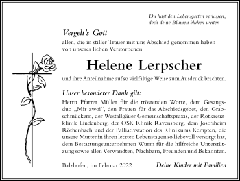 Traueranzeige von Helene Lerpscher von Der Westallgäuer