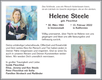 Traueranzeige von Helene Steele von Allgäuer Anzeigeblatt