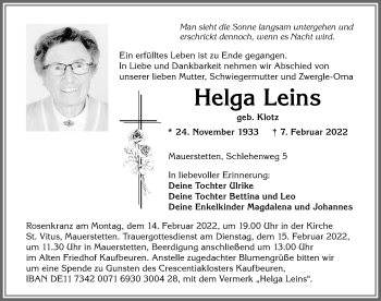 Traueranzeige von Helga Leins von Allgäuer Zeitung, Kaufbeuren/Buchloe