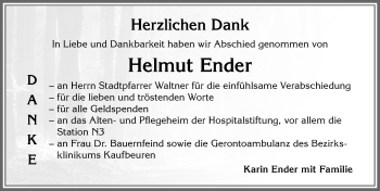 Traueranzeige von Helmut Ender von Allgäuer Zeitung, Kaufbeuren/Buchloe