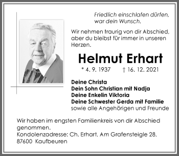 Traueranzeige von Helmut Erhart von Allgäuer Zeitung, Kaufbeuren/Buchloe