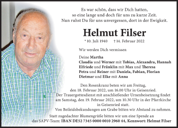 Traueranzeige von Helmut Filser von Allgäuer Zeitung, Marktoberdorf