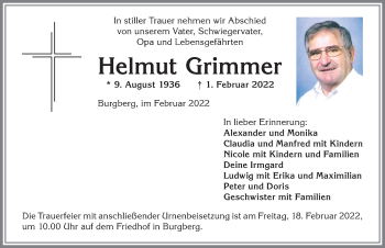 Traueranzeige von Helmut Grimmer von Allgäuer Anzeigeblatt
