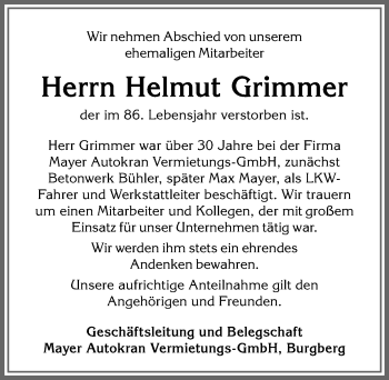 Traueranzeige von Helmut Grimmer von Allgäuer Anzeigeblatt