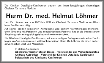Traueranzeige von Helmut Löhmer von Allgäuer Zeitung, Marktoberdorf