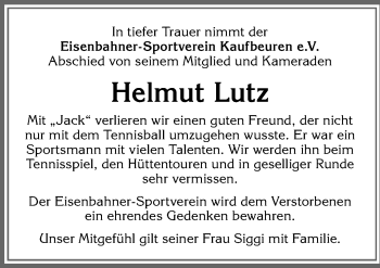Traueranzeige von Helmut Lutz von Allgäuer Zeitung, Kaufbeuren/Buchloe