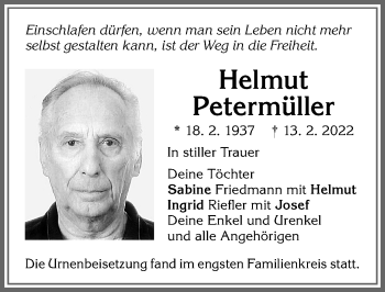 Traueranzeige von Helmut Petermüller von Allgäuer Zeitung, Kaufbeuren/Buchloe