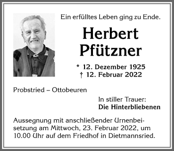 Traueranzeige von Herbert Pfützner von Allgäuer Zeitung,Kempten