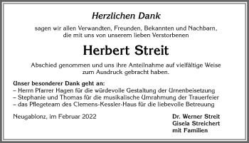 Traueranzeige von Herbert Streit von Allgäuer Zeitung, Kaufbeuren/Buchloe