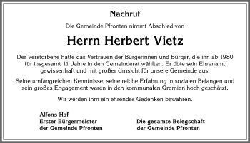 Traueranzeige von Herbert Vietz von Allgäuer Zeitung, Füssen