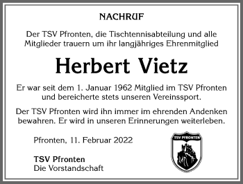 Traueranzeige von Herbert Vietz von Allgäuer Zeitung, Füssen